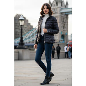 Burberry Brit Black Goose Down Puffer Short Jacket Leather Toggles Large VG